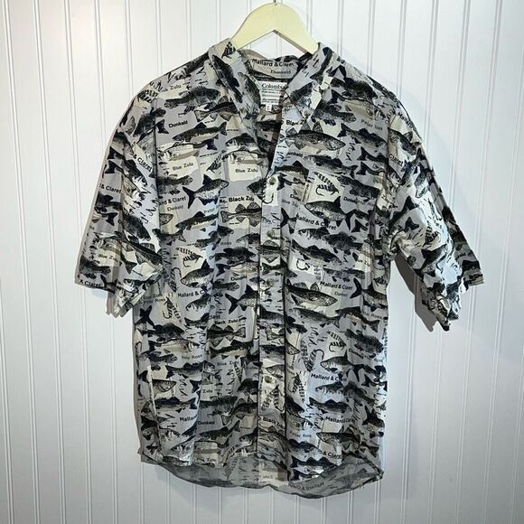 Columbia Oxford Shirt Men Large Multicolor Fish Print Short Sleeve Pocket Cotton - Picture 1 of 10